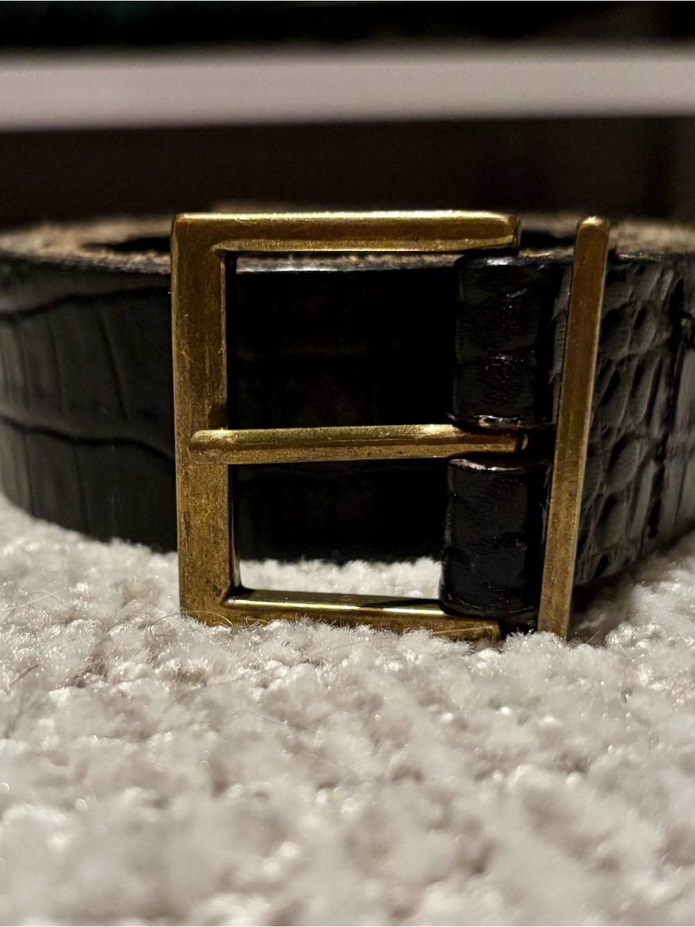 Classic Black Croc-Embossed Leather Belt with Brass Buckle